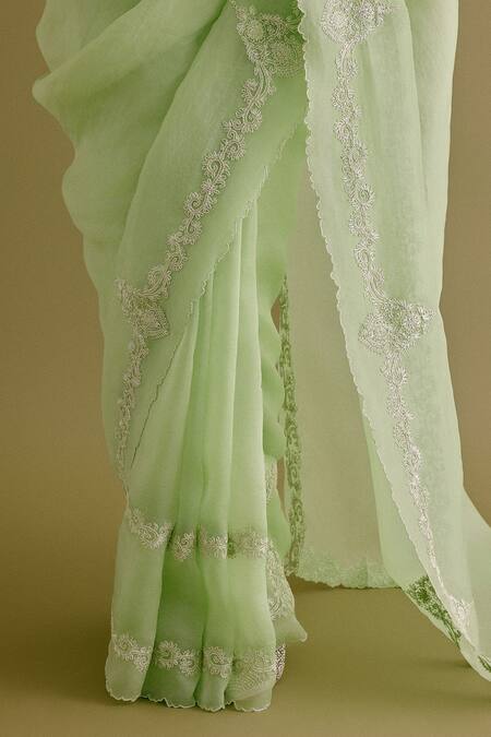 Buy_Devnaagri_Green Silk Organza, Tussar Embroidery Scoop Neck Dori Saree With Blouse _Online_at_Aza_Fashions