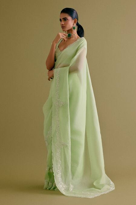 Shop_Devnaagri_Green Silk Organza, Tussar Embroidery Scoop Neck Dori Saree With Blouse _Online_at_Aza_Fashions