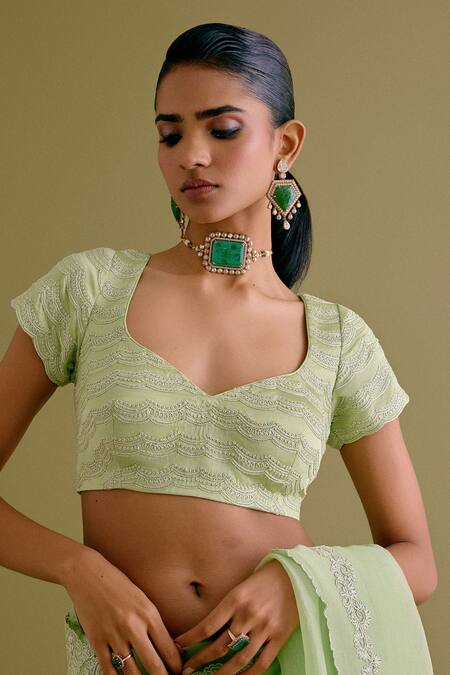 Devnaagri_Green Silk Organza, Tussar Embroidery Scoop Neck Dori Saree With Blouse _at_Aza_Fashions