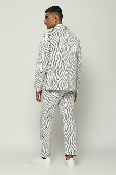 Shop_Abraham And Thakore_White Cotton Broken Pinstripe Motif Blazer _at_Aza_Fashions