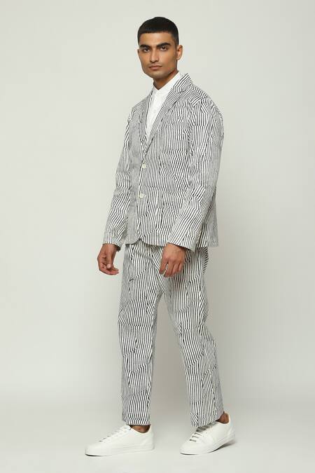 Abraham And Thakore_White Cotton Broken Pinstripe Motif Blazer _Online_at_Aza_Fashions