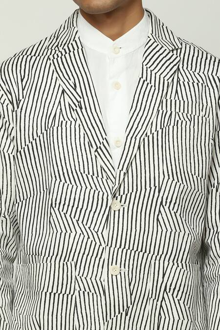 Buy_Abraham And Thakore_White Cotton Broken Pinstripe Motif Blazer _Online_at_Aza_Fashions