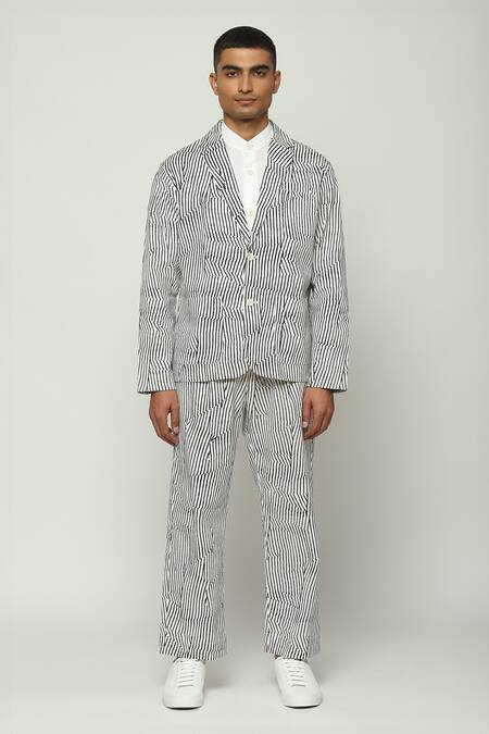 Abraham And Thakore_White Cotton Broken Pinstripe Motif Blazer _at_Aza_Fashions