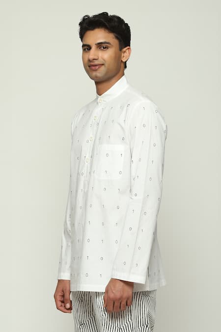 Abraham And Thakore White Cotton Embroidery Code Short Kurta Online at Aza Fashions Abraham And Thakore_White Cotton Embroidery Code Short Kurta _Online_at_Aza_Fashions