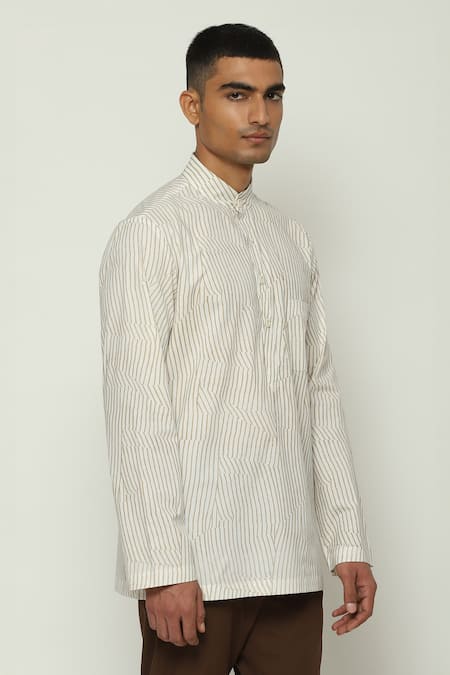 Buy_Abraham And Thakore_Off White Cotton Broken Pinstripe Motif Short Kurta _Online_at_Aza_Fashions