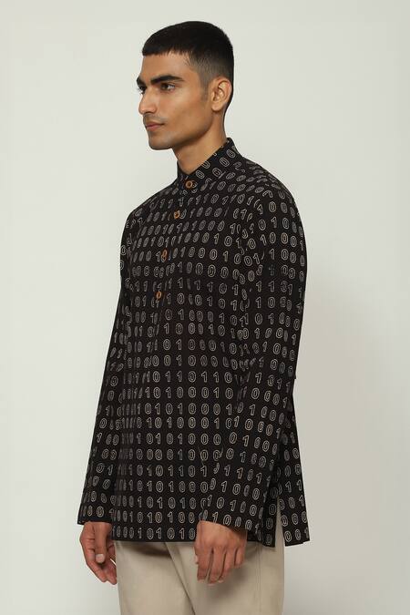 Abraham And Thakore Black Cotton Ajrakh Hand Block Print Kurta Online at Aza Fashions Abraham And Thakore_Black Cotton Ajrakh Hand Block Print Kurta _Online_at_Aza_Fashions