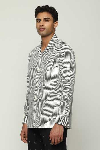 Abraham And Thakore White Cotton Broken Pinstripe Motif Shirt Online at Aza Fashions Abraham And Thakore_White Cotton Broken Pinstripe Motif Shirt _Online_at_Aza_Fashions