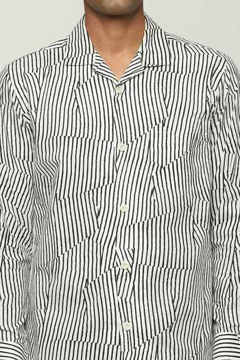 Shop Abraham And Thakore White Cotton Broken Pinstripe Motif Shirt Online at Aza Fashions Shop_Abraham And Thakore_White Cotton Broken Pinstripe Motif Shirt _Online_at_Aza_Fashions