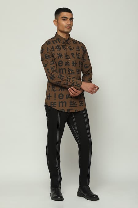 ABRAHAM AND THAKORE Brown Cotton Printed Calligraphy Spaced Out Shirt 