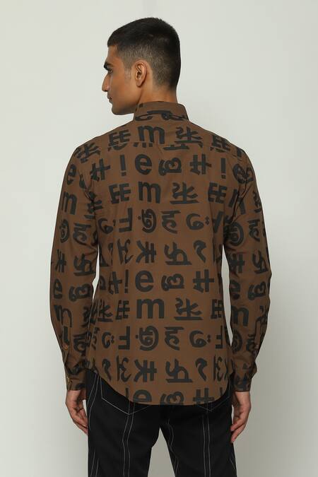 Shop Abraham And Thakore Brown Cotton Spaced Out Calligraphy Print Shirt at Aza Fashions Shop_Abraham And Thakore_Brown Cotton Spaced Out Calligraphy Print Shirt_at_Aza_Fashions