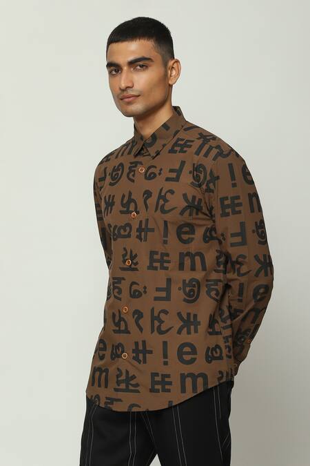 Abraham And Thakore Brown Cotton Spaced Out Calligraphy Print Shirt Online at Aza Fashions Abraham And Thakore_Brown Cotton Spaced Out Calligraphy Print Shirt_Online_at_Aza_Fashions