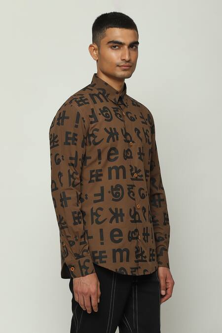 Buy Abraham And Thakore Brown Cotton Spaced Out Calligraphy Print Shirt Online at Aza Fashions Buy_Abraham And Thakore_Brown Cotton Spaced Out Calligraphy Print Shirt_Online_at_Aza_Fashions