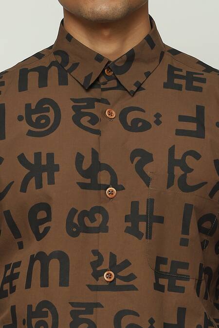 Shop Abraham And Thakore Brown Cotton Spaced Out Calligraphy Print Shirt Online at Aza Fashions Shop_Abraham And Thakore_Brown Cotton Spaced Out Calligraphy Print Shirt_Online_at_Aza_Fashions