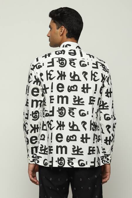 Shop Abraham And Thakore Ivory Cotton Embroidery Calligraphy Print Shirt at Aza Fashions Shop_Abraham And Thakore_Ivory Cotton Embroidery Calligraphy Print Shirt_at_Aza_Fashions
