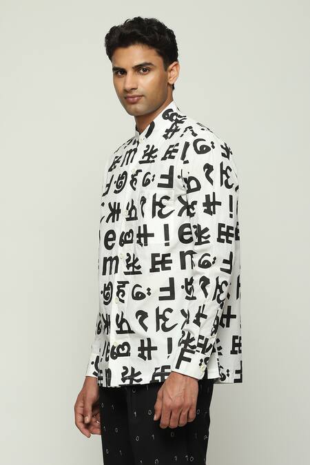 Abraham And Thakore Ivory Cotton Embroidery Calligraphy Print Shirt Online at Aza Fashions Abraham And Thakore_Ivory Cotton Embroidery Calligraphy Print Shirt_Online_at_Aza_Fashions
