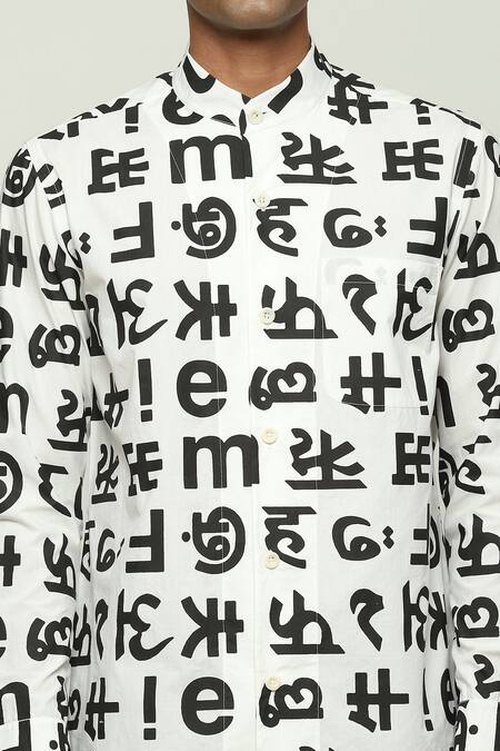 Shop Abraham And Thakore Ivory Cotton Embroidery Calligraphy Print Shirt Online at Aza Fashions Shop_Abraham And Thakore_Ivory Cotton Embroidery Calligraphy Print Shirt_Online_at_Aza_Fashions