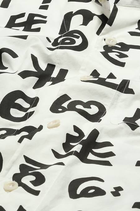 Abraham And Thakore Ivory Cotton Embroidery Calligraphy Print Shirt at Aza Fashions Abraham And Thakore_Ivory Cotton Embroidery Calligraphy Print Shirt_at_Aza_Fashions