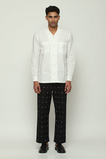 ABRAHAM AND THAKORE White Cotton Embroidered Code Tonal Shirt 