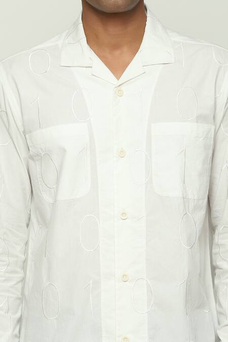 Shop_Abraham And Thakore_White Cotton Embroidery Tonal Code Shirt_Online_at_Aza_Fashions