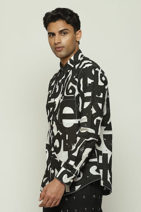 Abraham And Thakore_White Cotton Calligraphy Print Shirt _Online_at_Aza_Fashions