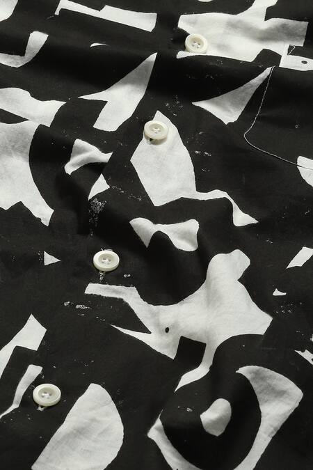 Abraham And Thakore_White Cotton Calligraphy Print Shirt _at_Aza_Fashions