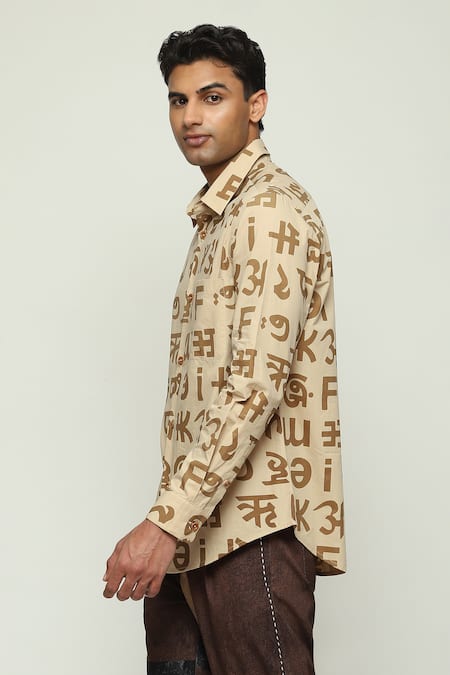 Abraham And Thakore_Beige Cotton Spaced Out Calligraphy Print Shirt_Online_at_Aza_Fashions