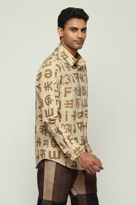 Buy_Abraham And Thakore_Beige Cotton Spaced Out Calligraphy Print Shirt_Online_at_Aza_Fashions