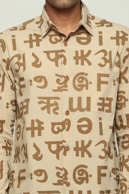 Shop_Abraham And Thakore_Beige Cotton Spaced Out Calligraphy Print Shirt_Online_at_Aza_Fashions
