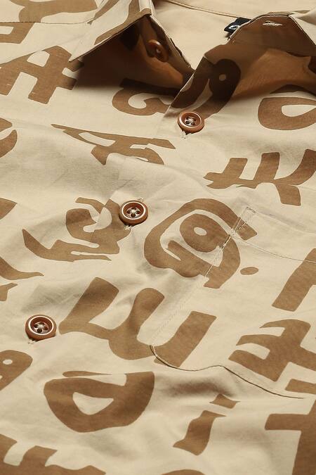 Abraham And Thakore_Beige Cotton Spaced Out Calligraphy Print Shirt_at_Aza_Fashions