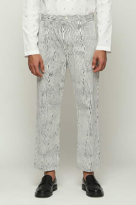 Shop Abraham And Thakore White Cotton Broken Pinstripe Motif Pant at Aza Fashions Shop_Abraham And Thakore_White Cotton Broken Pinstripe Motif Pant _at_Aza_Fashions