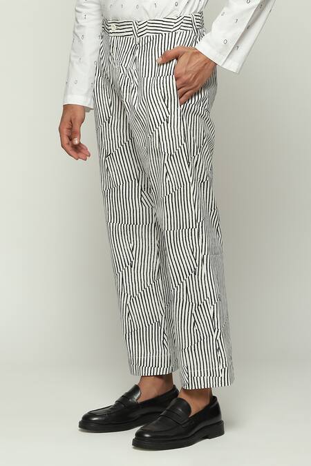 Abraham And Thakore White Cotton Broken Pinstripe Motif Pant Online at Aza Fashions Abraham And Thakore_White Cotton Broken Pinstripe Motif Pant _Online_at_Aza_Fashions