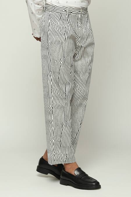 Buy Abraham And Thakore White Cotton Broken Pinstripe Motif Pant Online at Aza Fashions Buy_Abraham And Thakore_White Cotton Broken Pinstripe Motif Pant _Online_at_Aza_Fashions