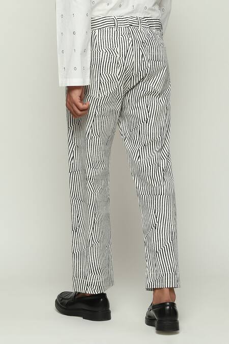 Shop Abraham And Thakore White Cotton Broken Pinstripe Motif Pant Online at Aza Fashions Shop_Abraham And Thakore_White Cotton Broken Pinstripe Motif Pant _Online_at_Aza_Fashions