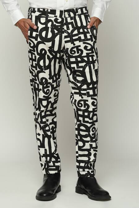 Abraham And Thakore_White Cotton Calligraphy Hand Block Print Pant_Online_at_Aza_Fashions