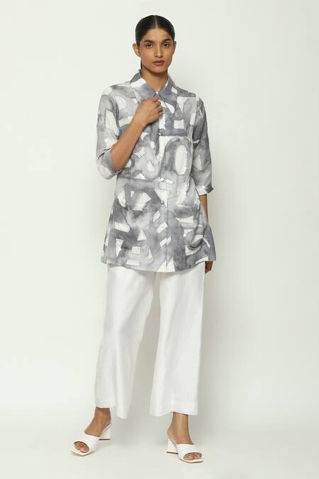 Abraham And Thakore_White Tencel Collared Watercolor Calligraphy Pattern Shirt _Online_at_Aza_Fashions