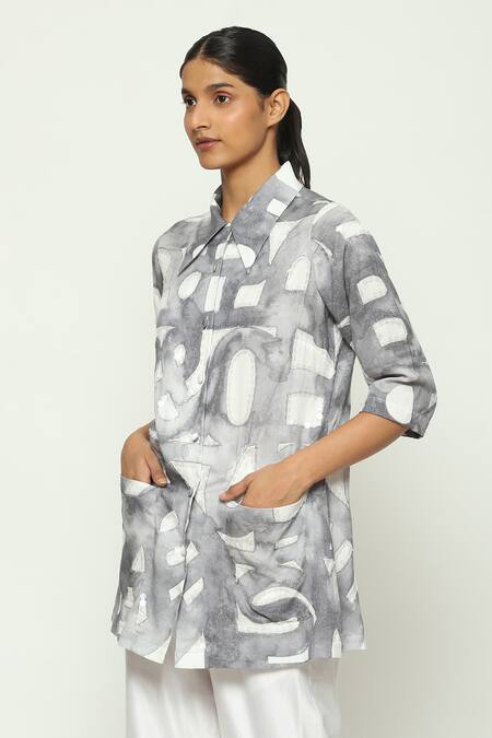 Buy_Abraham And Thakore_White Tencel Collared Watercolor Calligraphy Pattern Shirt _Online_at_Aza_Fashions