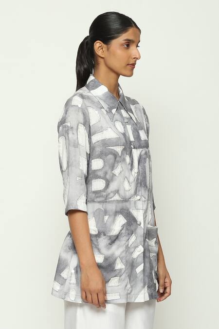 Shop_Abraham And Thakore_White Tencel Collared Watercolor Calligraphy Pattern Shirt _Online_at_Aza_Fashions