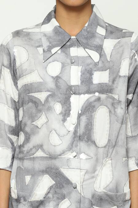 Abraham And Thakore_White Tencel Collared Watercolor Calligraphy Pattern Shirt _at_Aza_Fashions