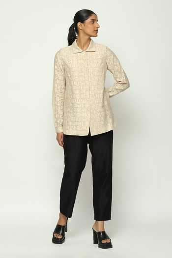 ABRAHAM AND THAKORE_Beige Chanderi Cut Work Collared Calligraphy Shirt _Online_at_Aza_Fashions