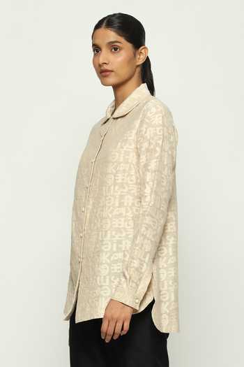 Buy_ABRAHAM AND THAKORE_Beige Chanderi Cut Work Collared Calligraphy Shirt _Online_at_Aza_Fashions