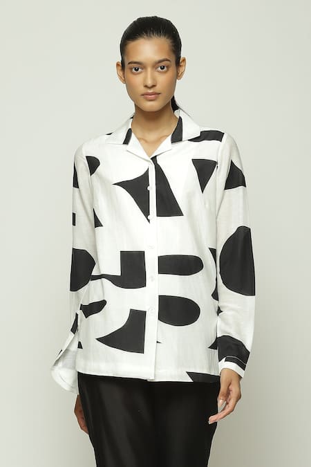 Abraham And Thakore Black Silk, Cotton Collared Watercolor Calligraphy Pattern Shirt 