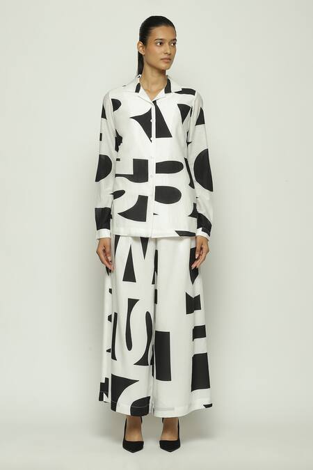 Abraham And Thakore_Black Silk, Cotton Collared Watercolor Calligraphy Pattern Shirt_Online_at_Aza_Fashions