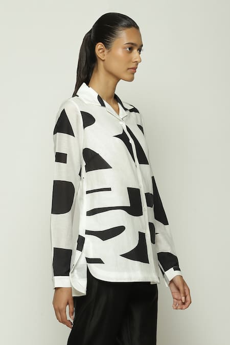 Shop_Abraham And Thakore_Black Silk, Cotton Collared Watercolor Calligraphy Pattern Shirt_Online_at_Aza_Fashions