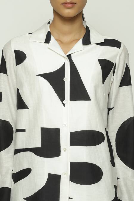Abraham And Thakore_Black Silk, Cotton Collared Watercolor Calligraphy Pattern Shirt_at_Aza_Fashions