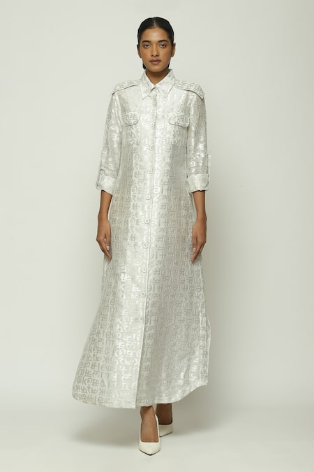 Abraham And Thakore Zari Calligraphy Cutworj Pattern Shirt Dress 