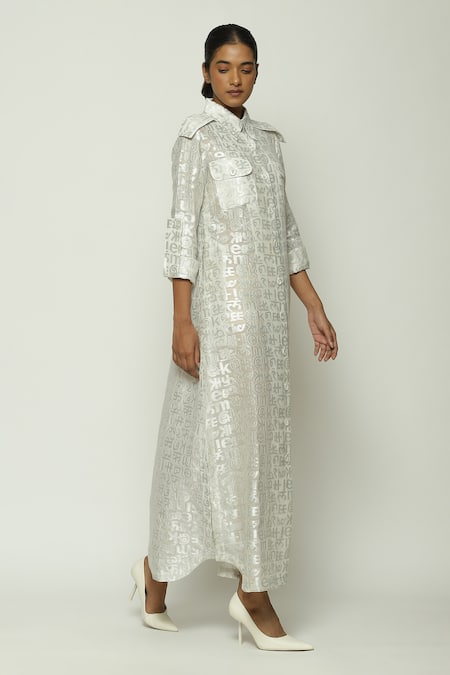 Buy_Abraham And Thakore_Ivory Chanderi Embroidery Collared Zari Calligraphy Cutworj Pattern Shirt Dress _Online_at_Aza_Fashions