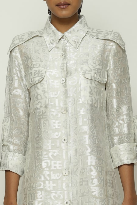 Shop_Abraham And Thakore_Ivory Chanderi Embroidery Collared Zari Calligraphy Cutworj Pattern Shirt Dress _Online_at_Aza_Fashions