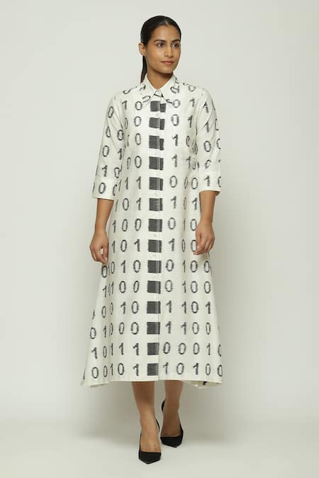 Abraham And Thakore Black Silk, Cotton Collared Ikat Code Pattern Shirt Dress 