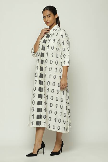 Abraham And Thakore_Black Silk, Cotton Collared Ikat Code Pattern Shirt Dress_Online_at_Aza_Fashions