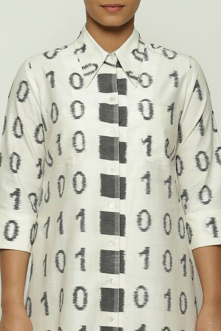 Shop_Abraham And Thakore_Black Silk, Cotton Collared Ikat Code Pattern Shirt Dress_Online_at_Aza_Fashions